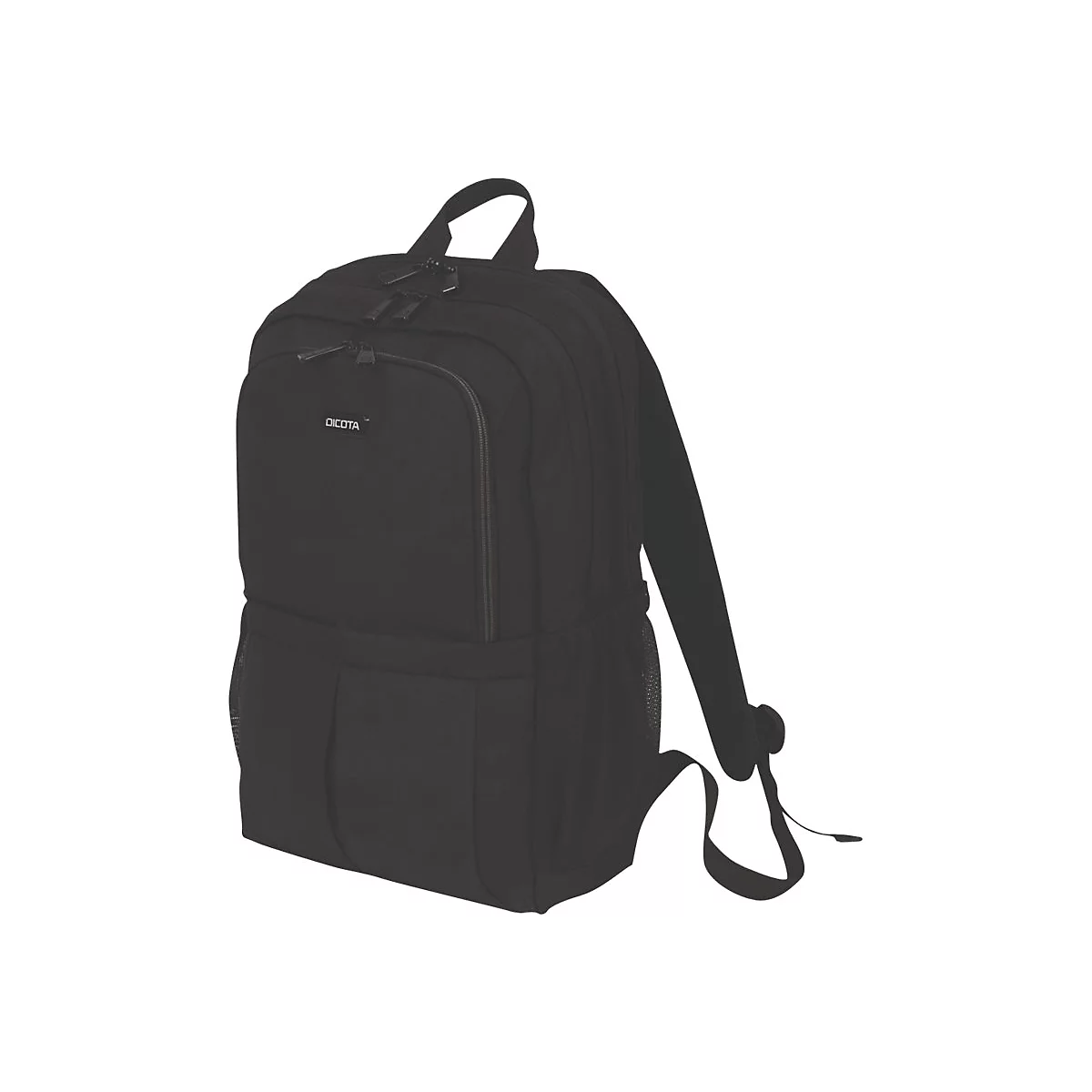Schwarzer Rucksack vor weißem Hintergrund. Mit Reißverschlüssen, Schultergurten und dem Logo 'DICOTA'.