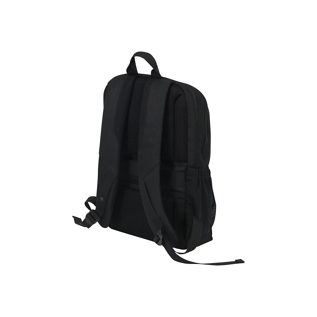 Schwarzer Rucksack von hinten, mit gepolsterten Trägern und Netzstoff. Gut sichtbar: Griff, Reißverschlüsse und Riemen.
