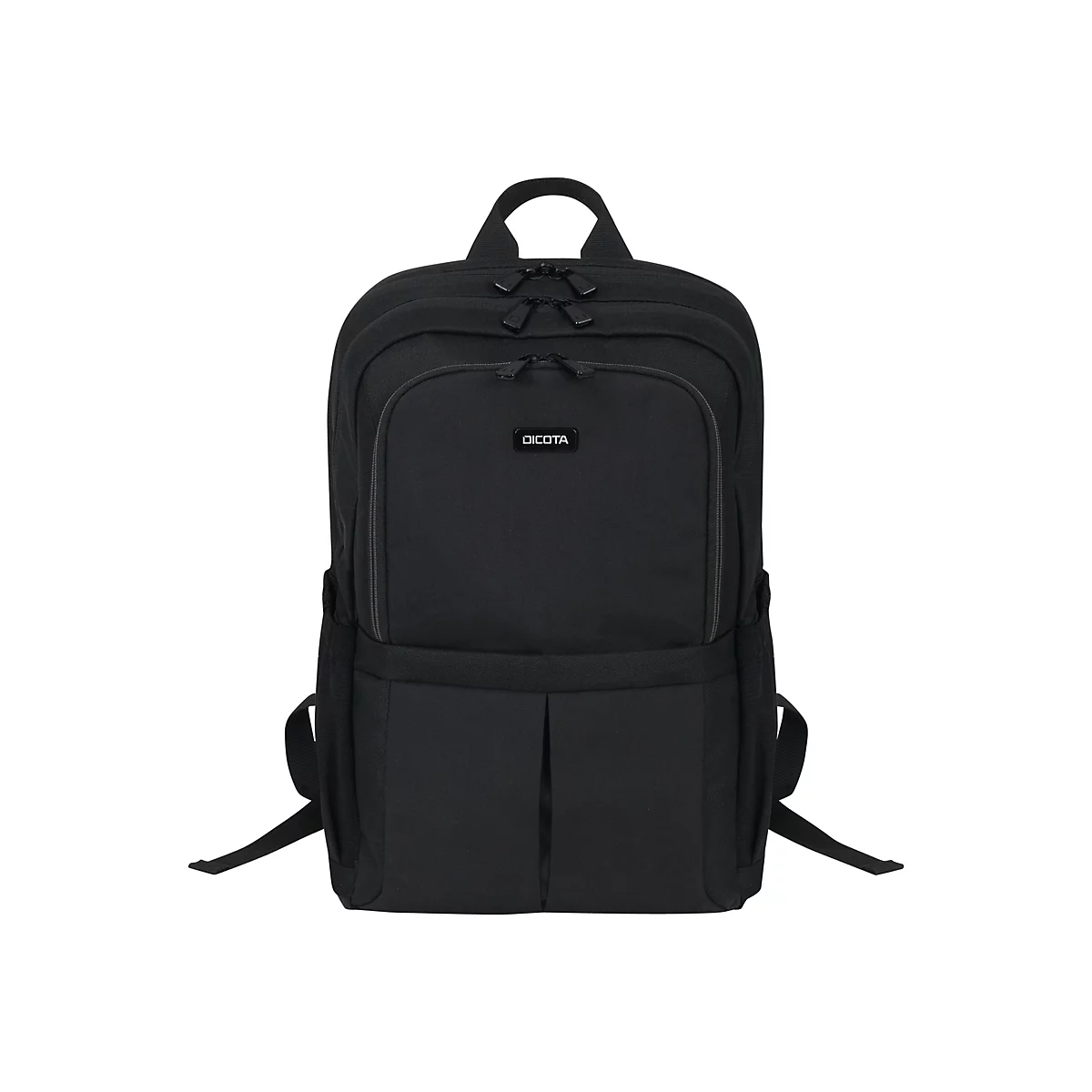 Schwarzer Rucksack mit DICOTA Logo. Auf hellem Hintergrund. Mehrere Reißverschlüsse, gepolsterte Gurte.