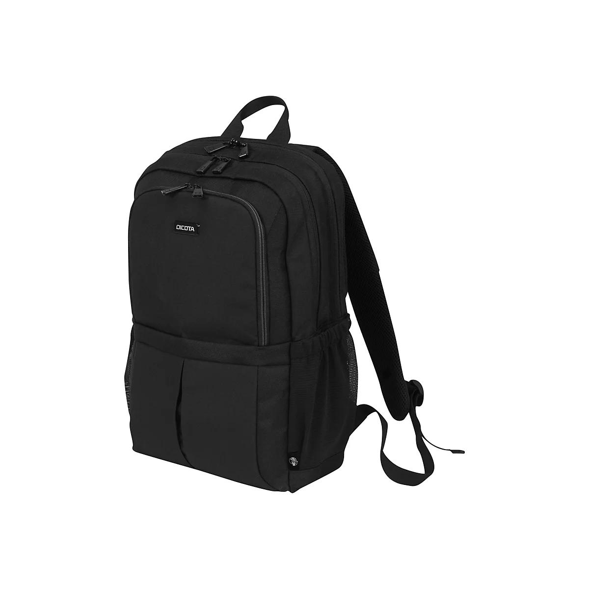 Schwarzer Rucksack mit mehreren Fächern und Reißverschlüssen, DICOTA Logo, Tragegriff.