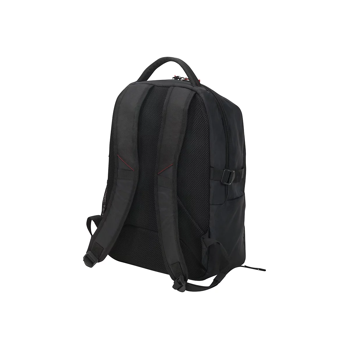 Sac à dos noir vu de dos, avec des bretelles rembourrées. Sur fond blanc.