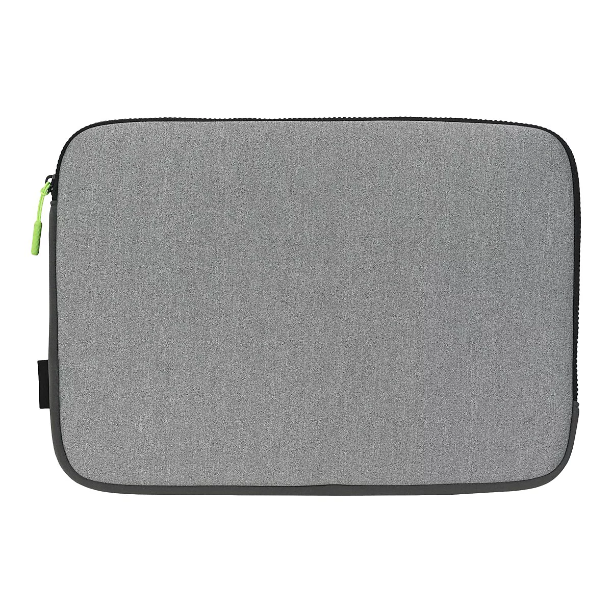 Housse d'ordinateur portable grise avec fermeture éclair verte. Bordure noire, forme rectangulaire.