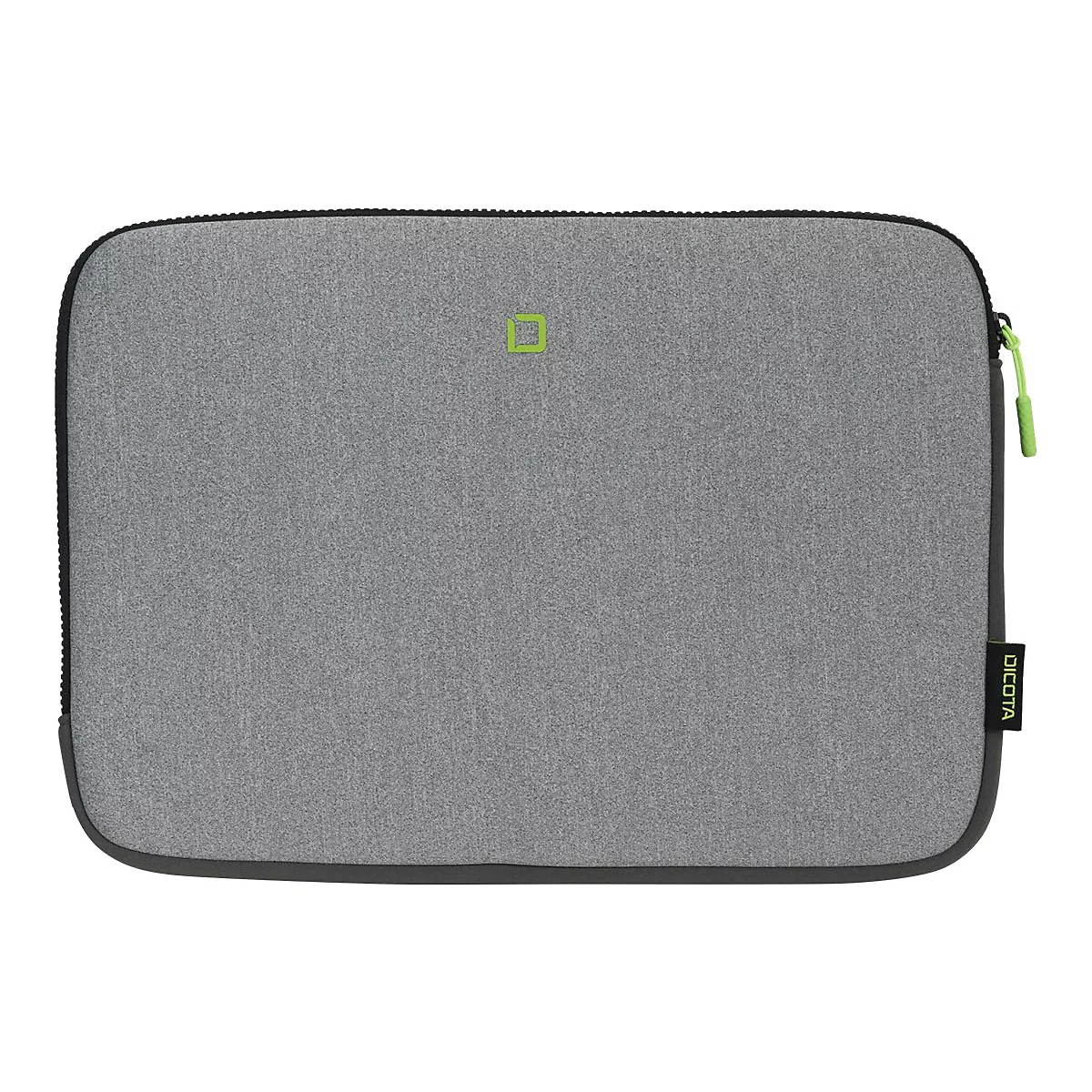 Housse d'ordinateur portable grise avec fermeture éclair noire. Logo et détail de fermeture éclair verts. Bordure noire, logo Dicota.