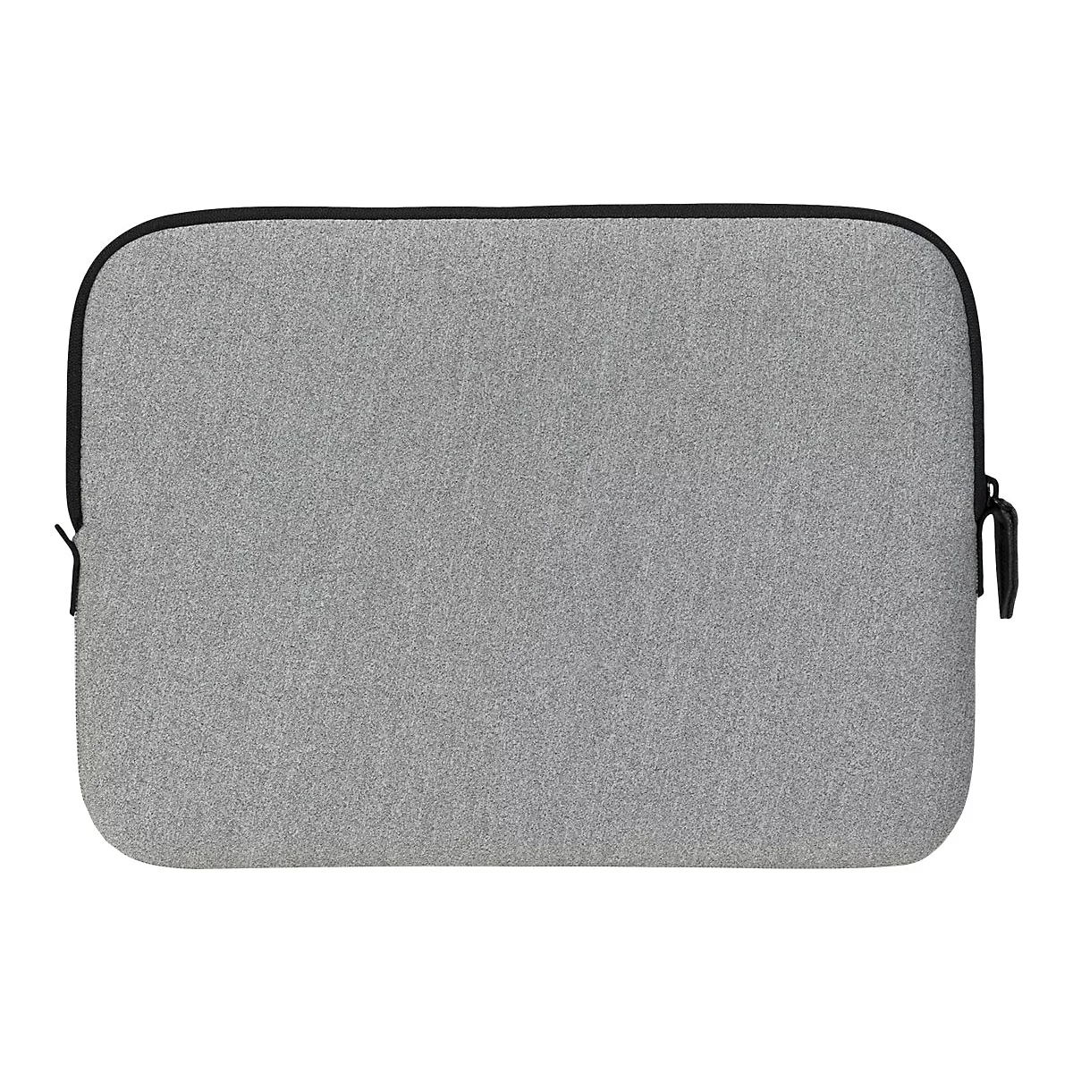 Housse d'ordinateur portable grise avec fermeture éclair noire et bord noir, isolée sur fond blanc.