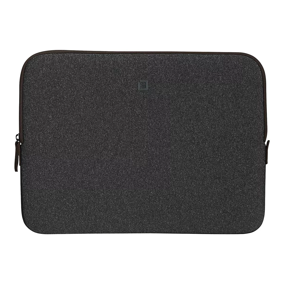 Housse d'ordinateur portable en feutre gris foncé avec fermeture éclair et accents marron.