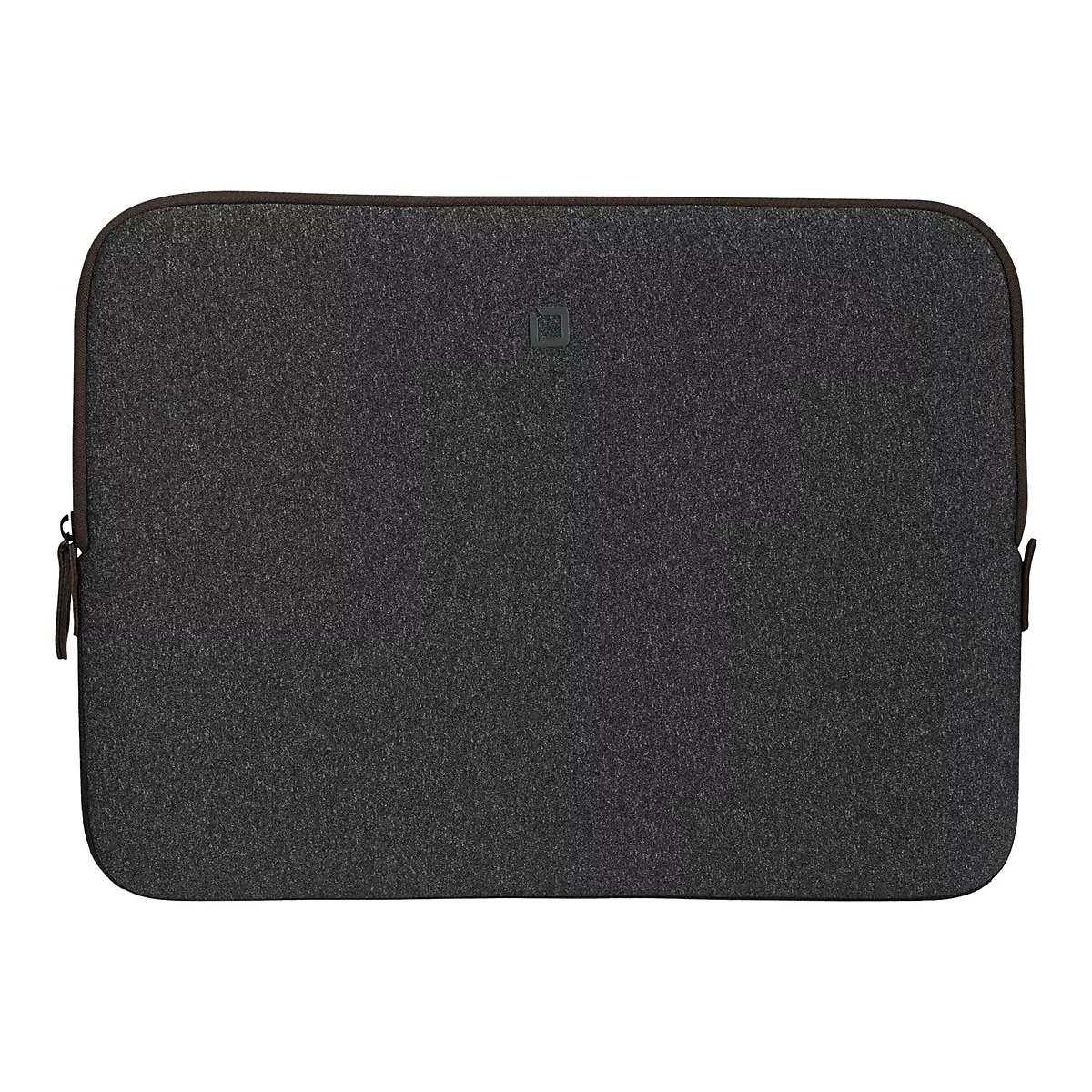 Housse d'ordinateur portable en feutre gris foncé avec détails marron et fermeture éclair.