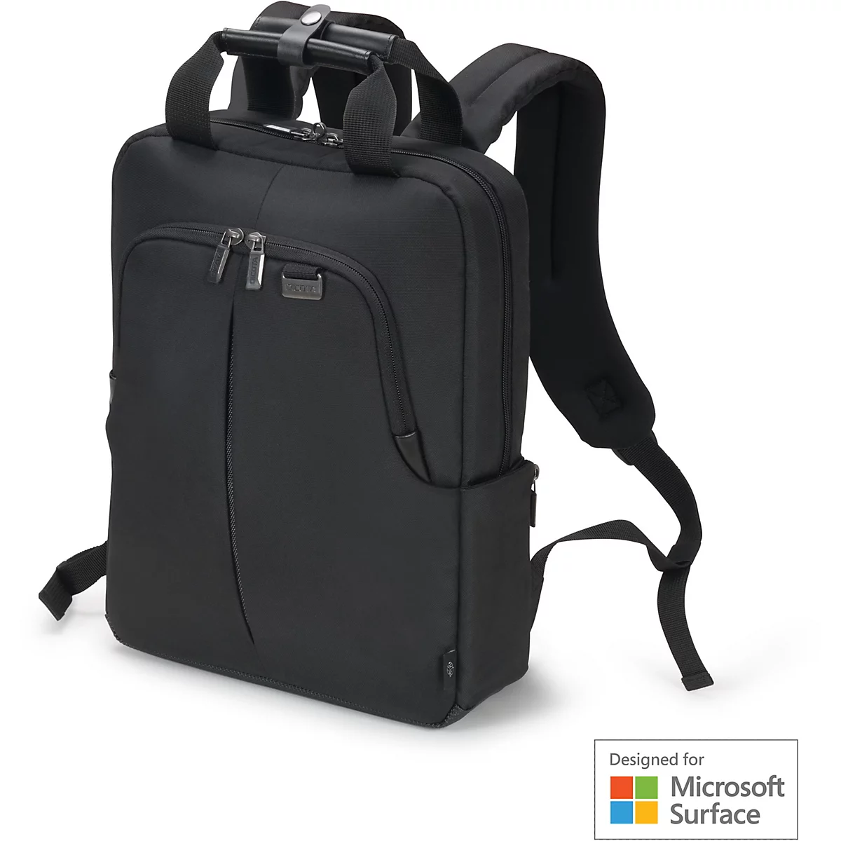 Sac à dos noir avec deux poignées de transport et des bretelles rembourrées. Sur le devant, il y a deux poches zippées avec le logo "Dicota". Le logo "Designed for Microsoft Surface" est en bas à droite.