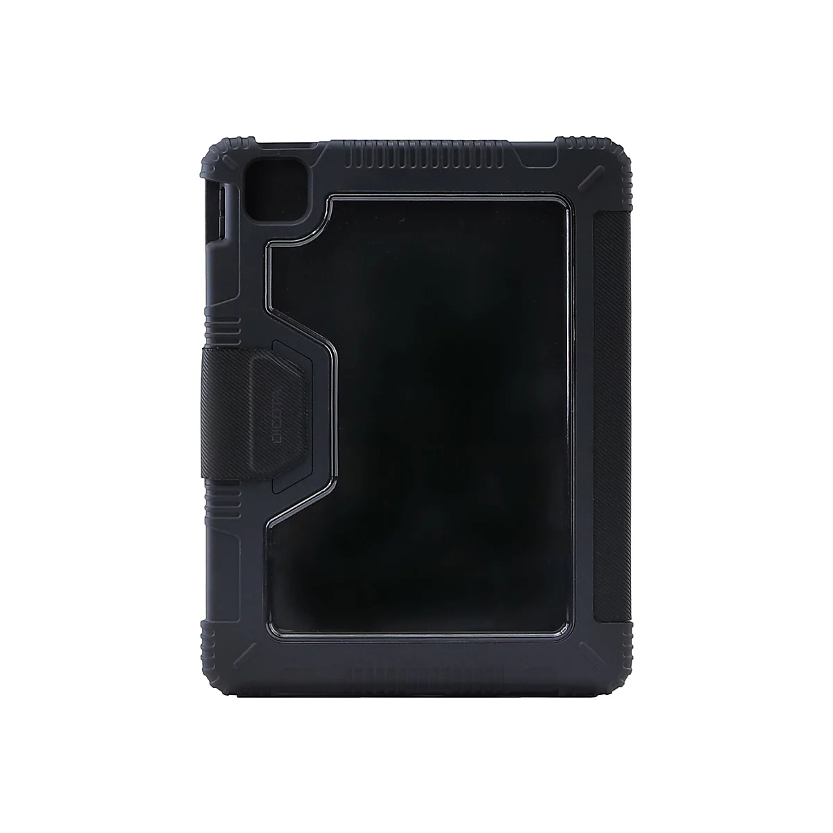 Étui de protection pour tablette noir sur fond blanc. L'étui a un design robuste et angulaire avec des bords surélevés pour la protection.