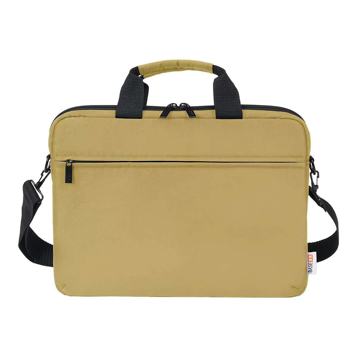 Sacoche pour ordinateur portable beige avec poignées noires et bandoulière. Fermeture éclair et étiquette logo.