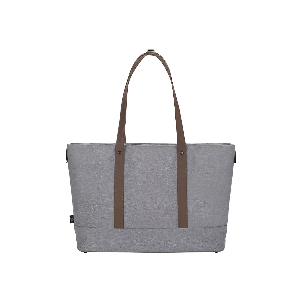 Sac fourre-tout gris avec poignées marron, sur fond blanc.