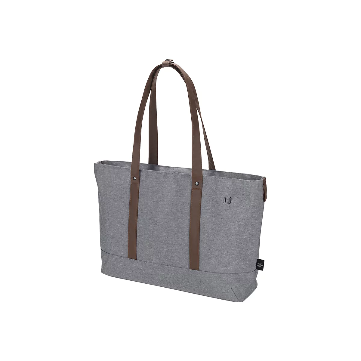 Sac fourre-tout gris avec anses marron. Le sac a une forme rectangulaire et est fait de tissu texturé.