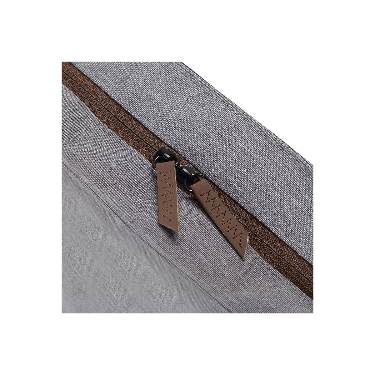 Gros plan sur un tissu gris avec une fermeture éclair marron et des tirettes en cuir.