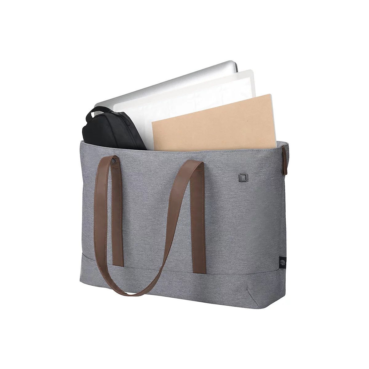 Sac fourre-tout gris avec anses marron, ouvert, rempli d'un ordinateur portable, de documents et d'un sac noir.