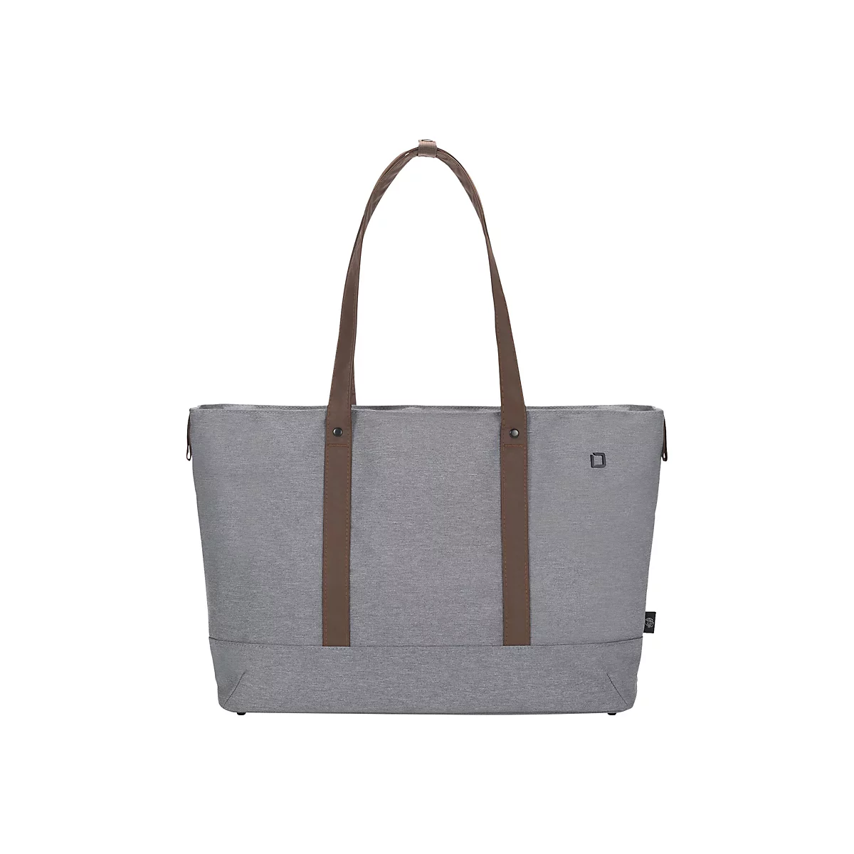 Sac fourre-tout gris avec poignées marron, sur fond blanc.
