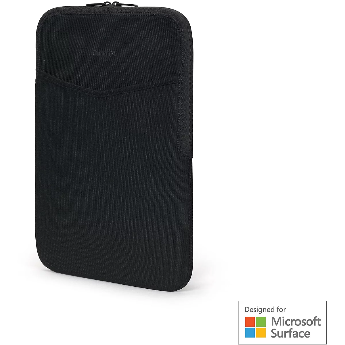 Housse d'ordinateur portable noire, logo DIKOTA. Inscription: Designed for Microsoft Surface.