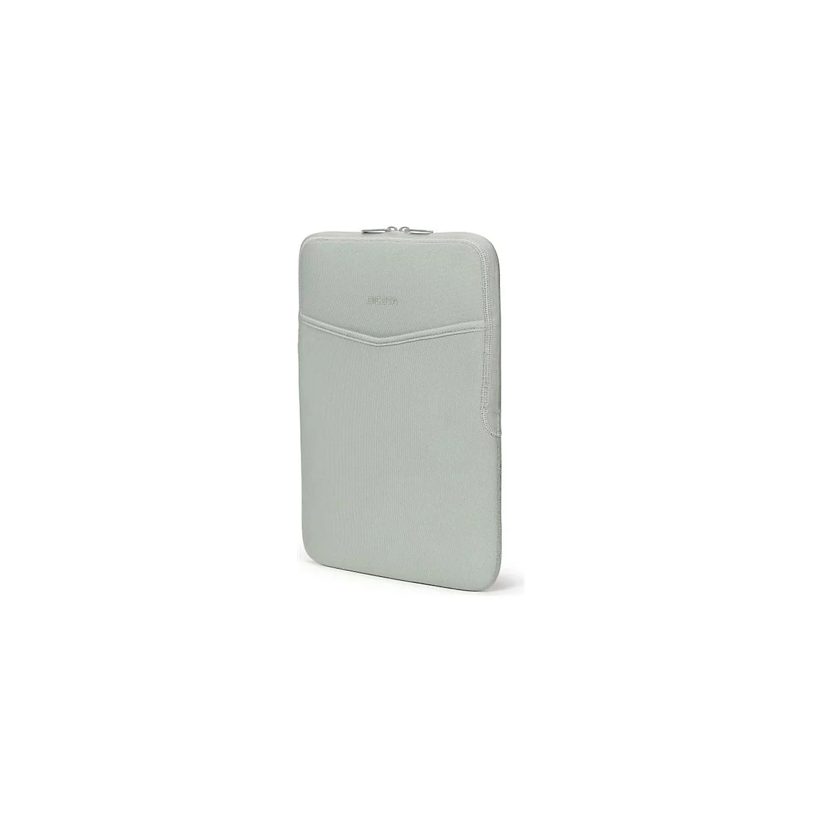 Housse d'ordinateur portable gris clair avec fermeture éclair, une poche et l'inscription "DICATA".