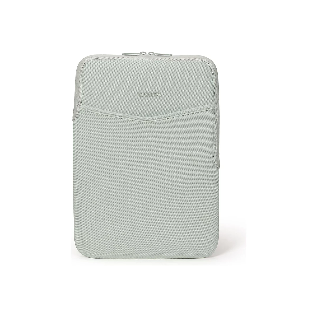 Housse d'ordinateur portable vert clair avec fermeture éclair, logo de la marque en relief et une poche avant supplémentaire.