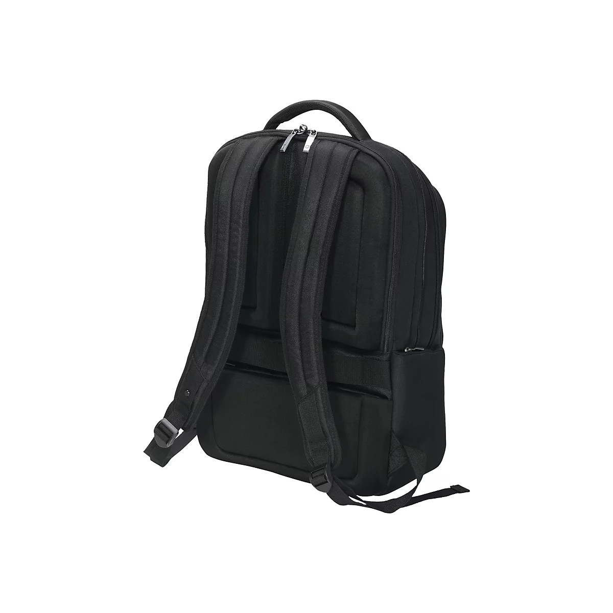 Schwarzer Rucksack mit zwei Schultergurten, Reißverschlüssen und Tragegriff. Der Rucksack steht vor weißem Hintergrund.