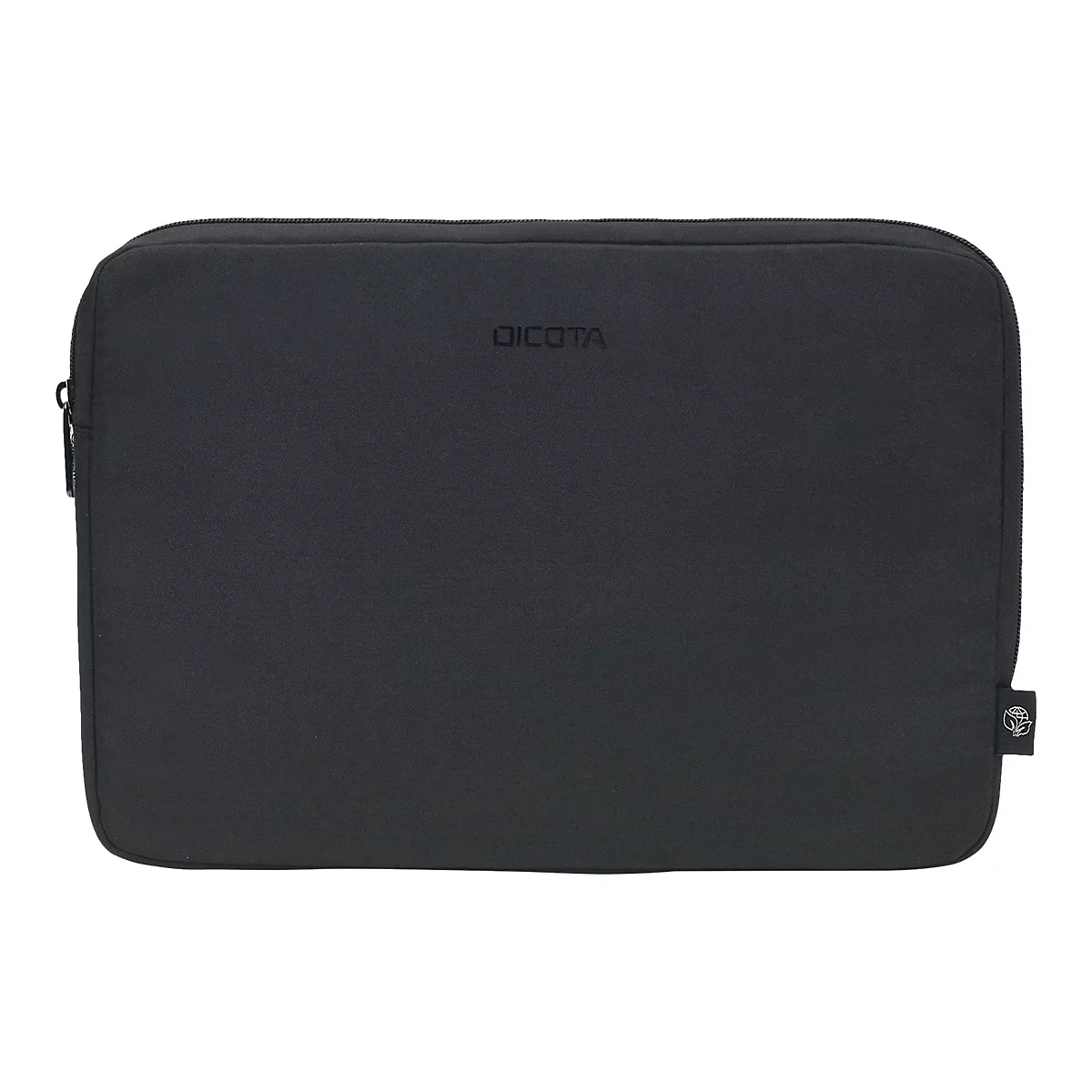 Schwarze Laptoptasche mit Reißverschluss, Markenlogo 'DICOTA', rechts unten ein Symbol.