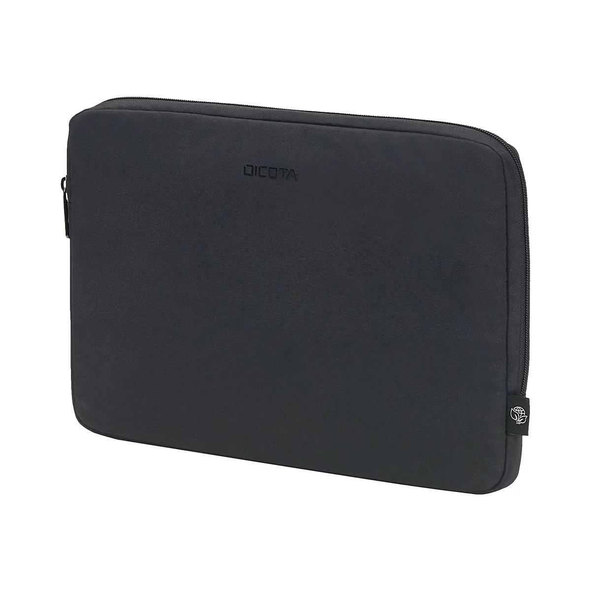 Schwarze Laptoptasche mit Reißverschluss, Markenlogo 'DICOTA'.