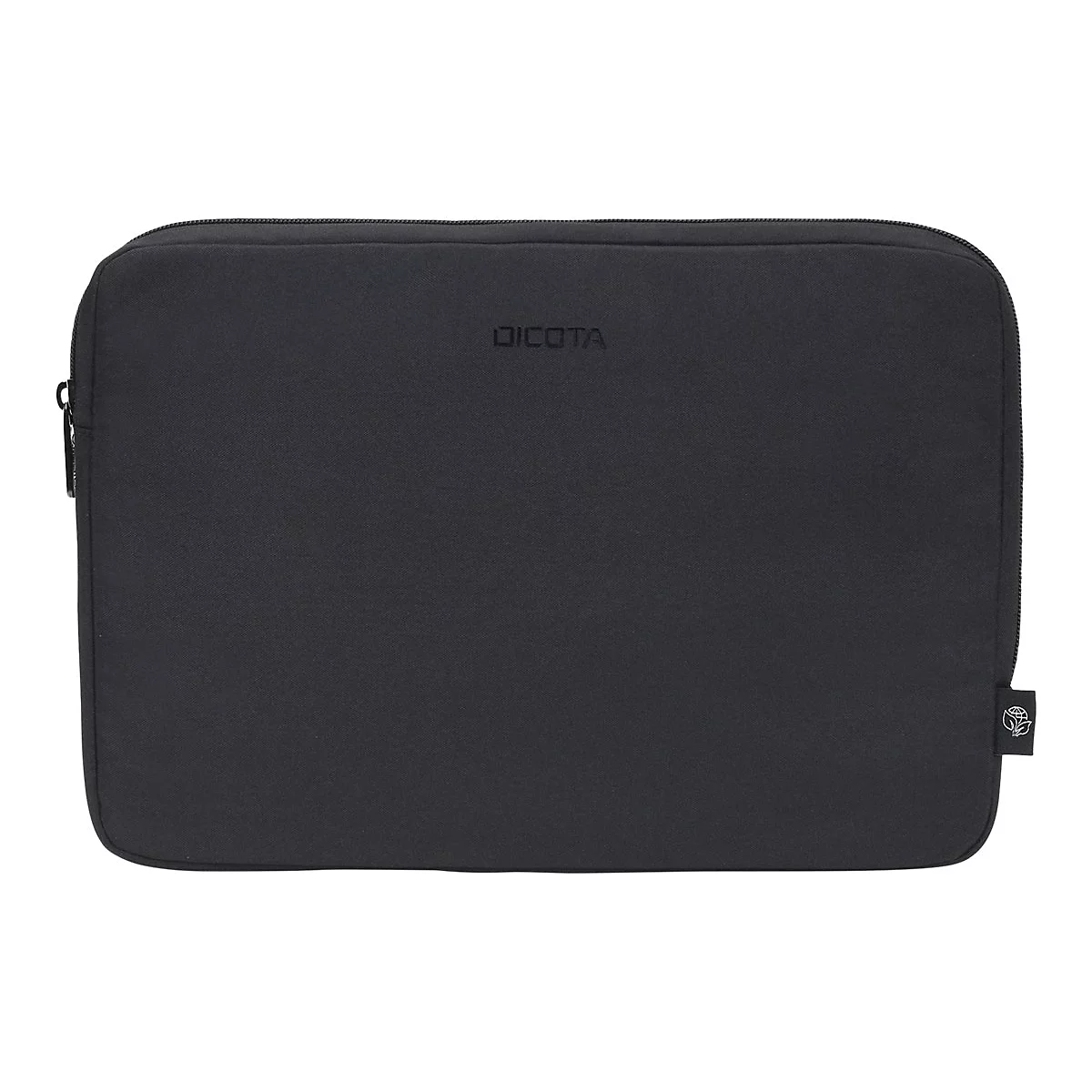 Schwarze Laptop-Hülle mit Reißverschluss, Markenname DICOTA, rechteckig. Ein Logo in der unteren rechten Ecke.