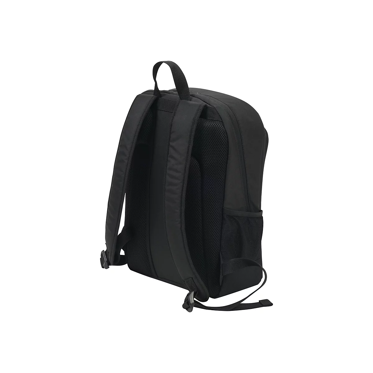 Schwarzer Rucksack mit gepolsterten Trägern, Rückseite mit Mesh-Einsatz, Seiten- und Vordertaschen.