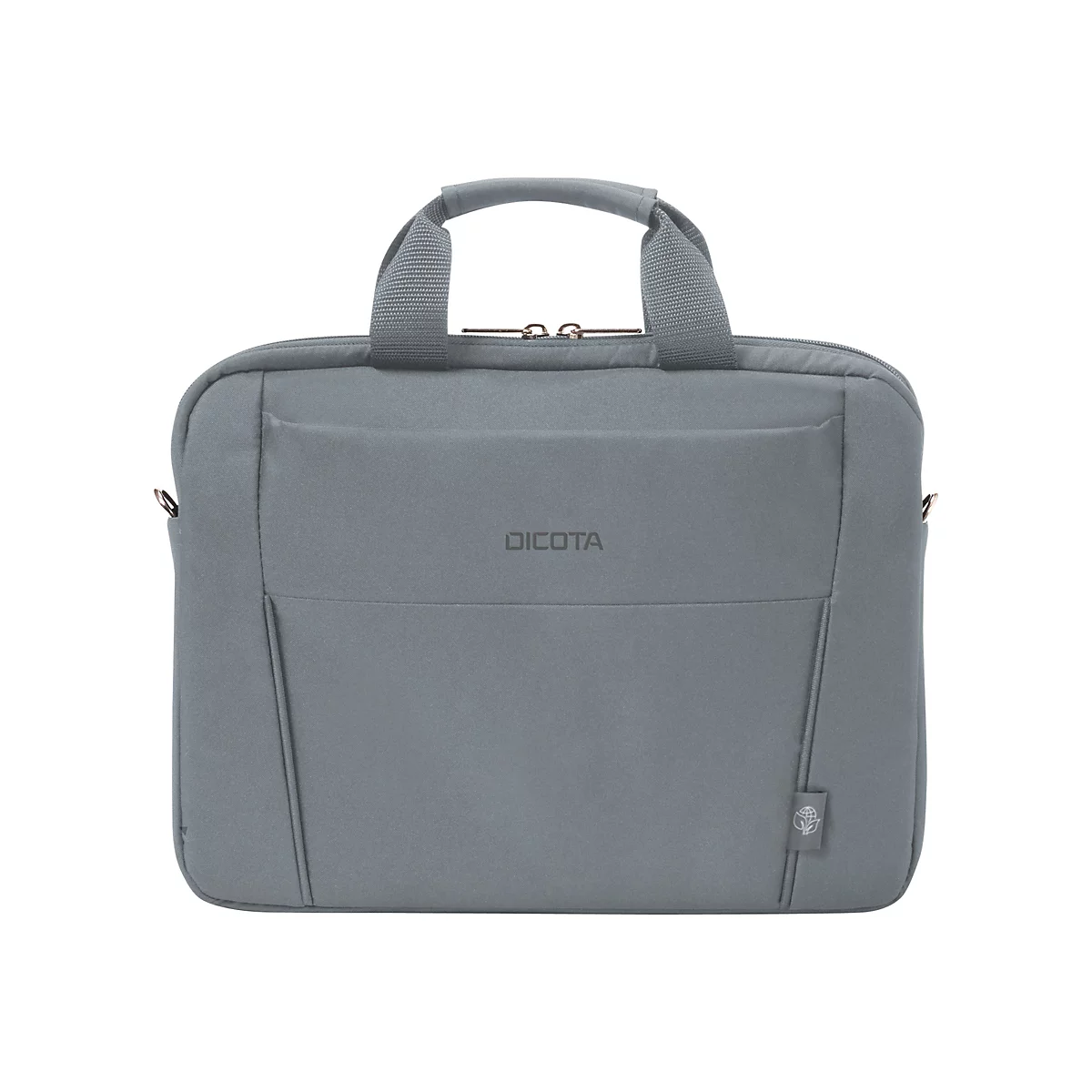 Graue Laptoptasche mit Tragegriff. Auf der Vorderseite befindet sich das Logo "DICOTA".