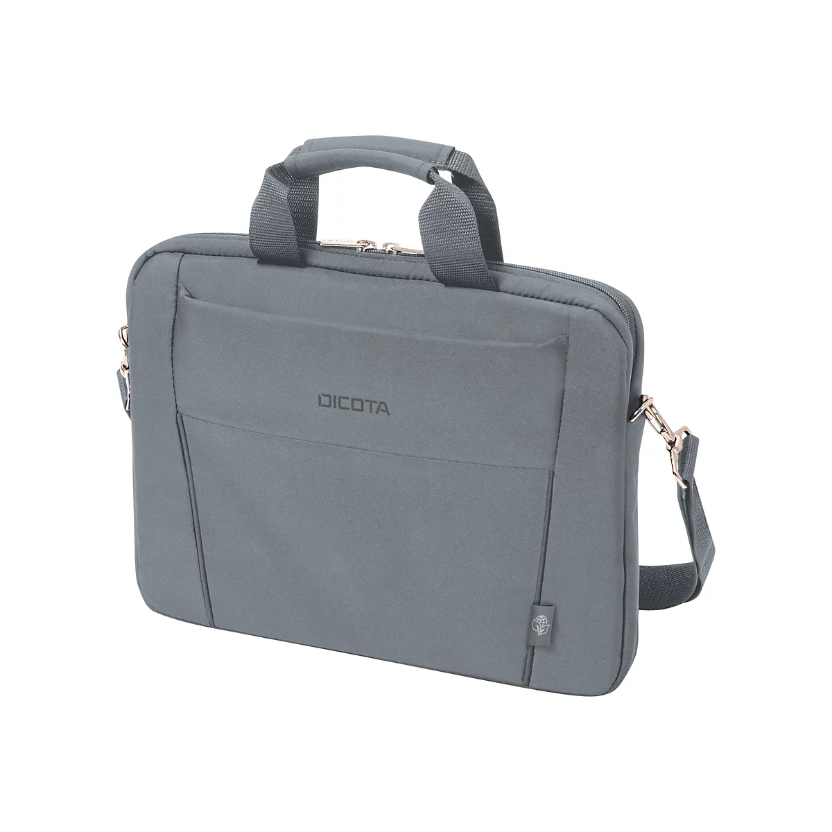 Graue Laptoptasche mit Tragegriff, Schultergurt und Reißverschluss. Das Logo 'DICOTA' ist auf der Vorderseite zu sehen.