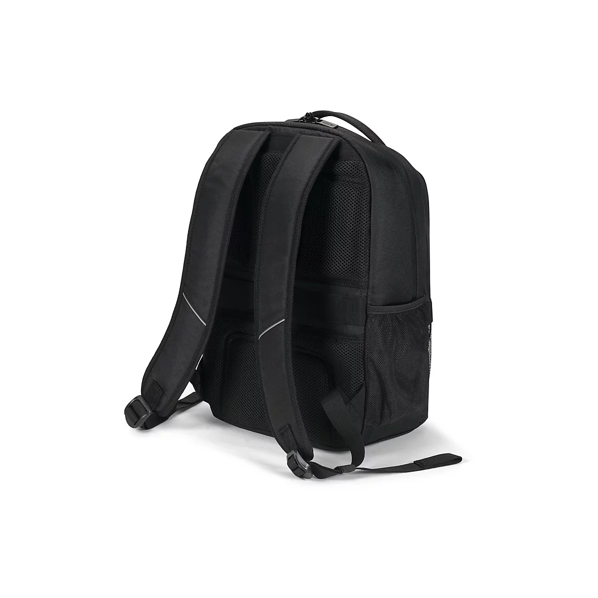 Schwarzer Rucksack, seitlich betrachtet. Die Rückseite zeigt gepolsterte Gurte, eine Netztasche und einen Tragegriff.