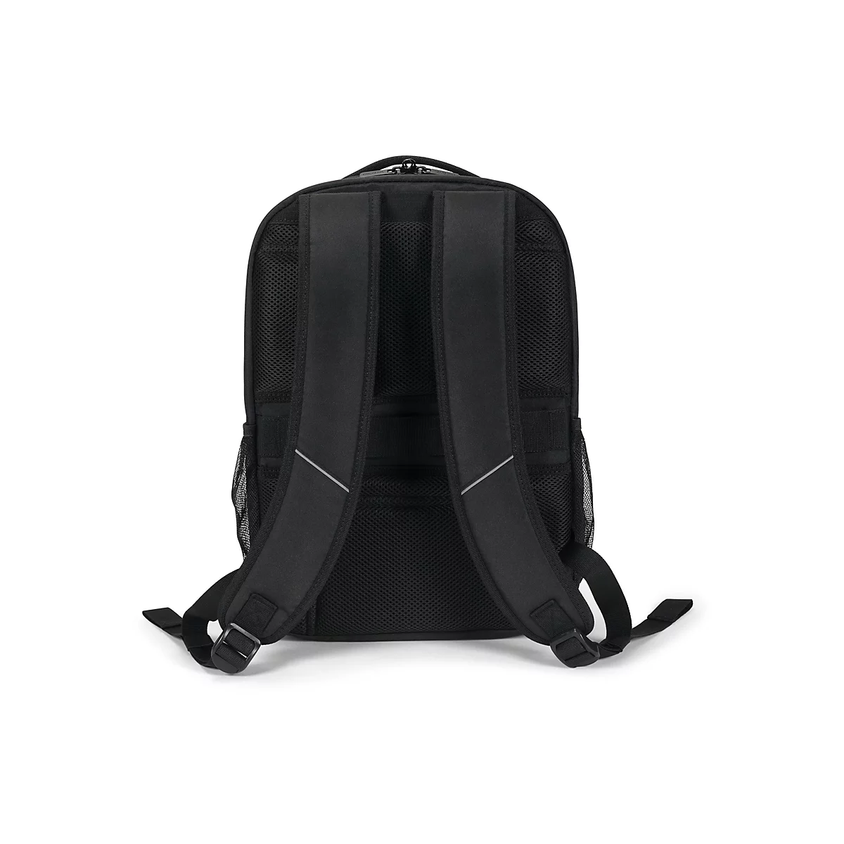 Schwarzer Rucksack von hinten, mit gepolsterten Trägern und Rückenpolsterung. Reflektierende Streifen auf den Trägern.