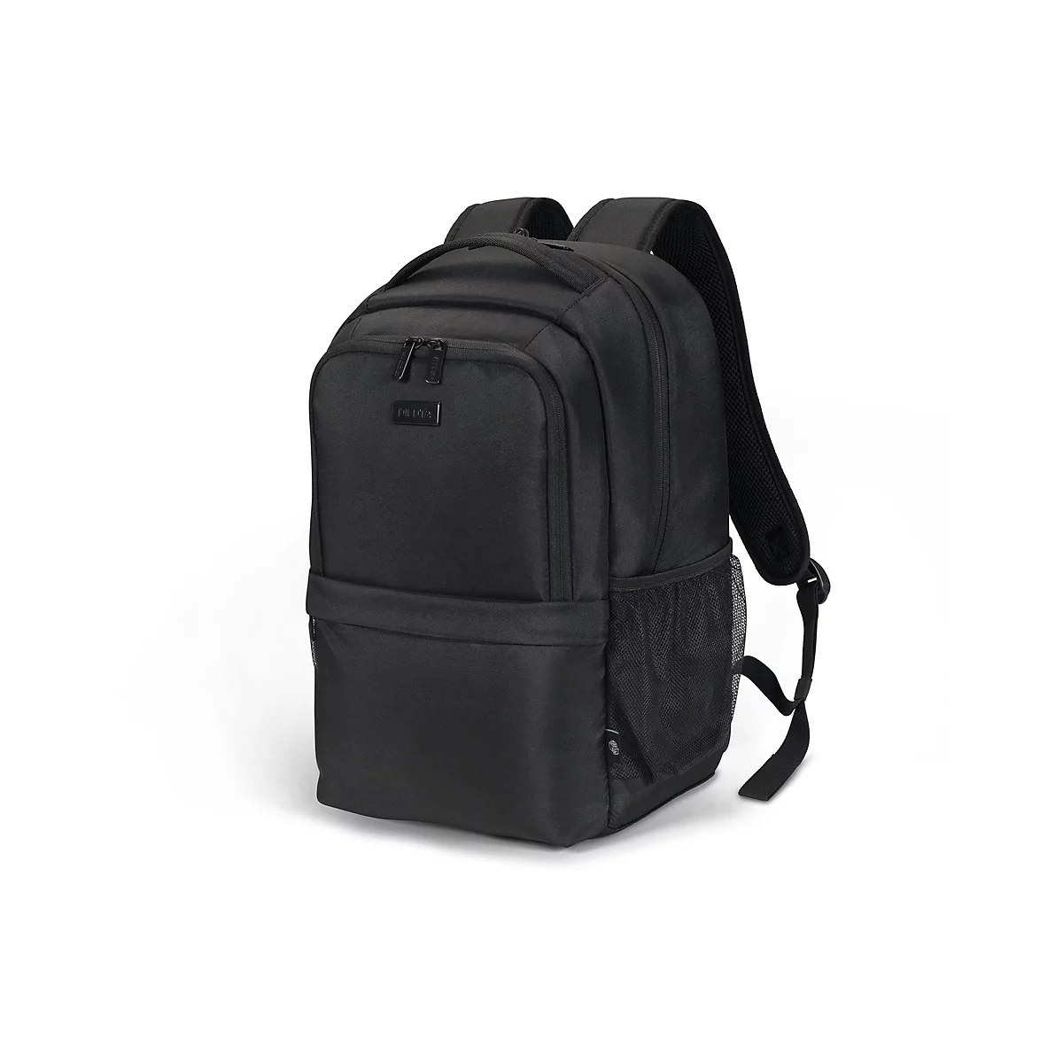 Schwarzer Rucksack mit zwei Schultergurten, einem Tragegriff und Netztaschen an den Seiten. Das Logo des Herstellers ist sichtbar.