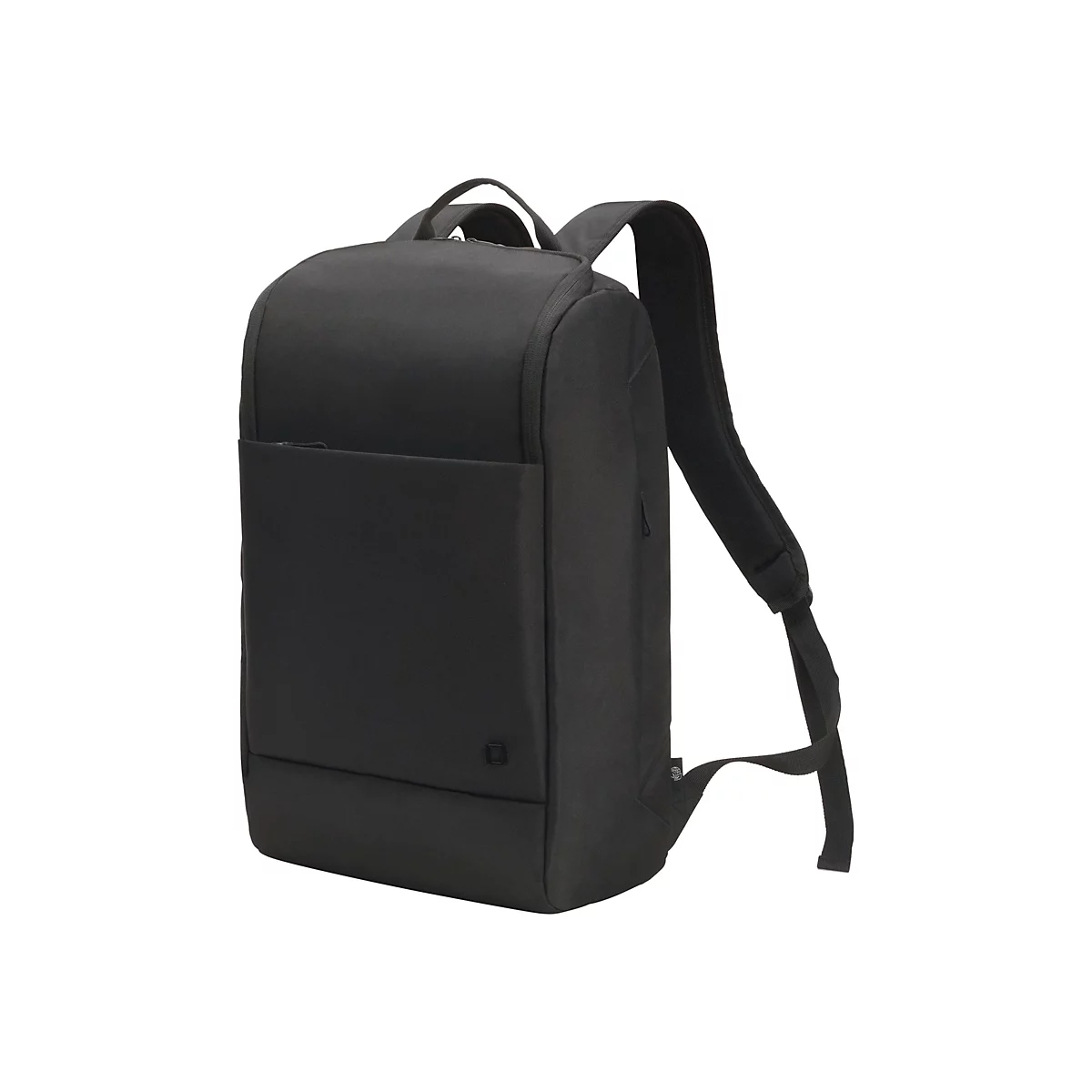 Schwarzer Rucksack mit zwei Schultergurten, rechteckiger Fronttasche und Trageschlaufe. Der Rucksack steht vor weißem Hintergrund.