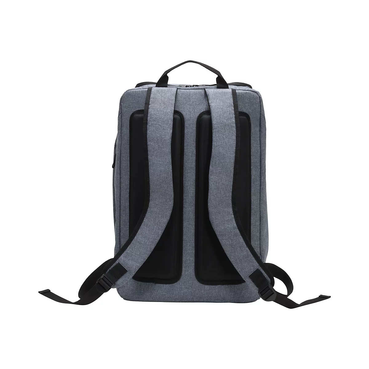 Grauer Rucksack von hinten, mit schwarzen Trägern und Polstern. Der Griff ist ebenfalls schwarz.