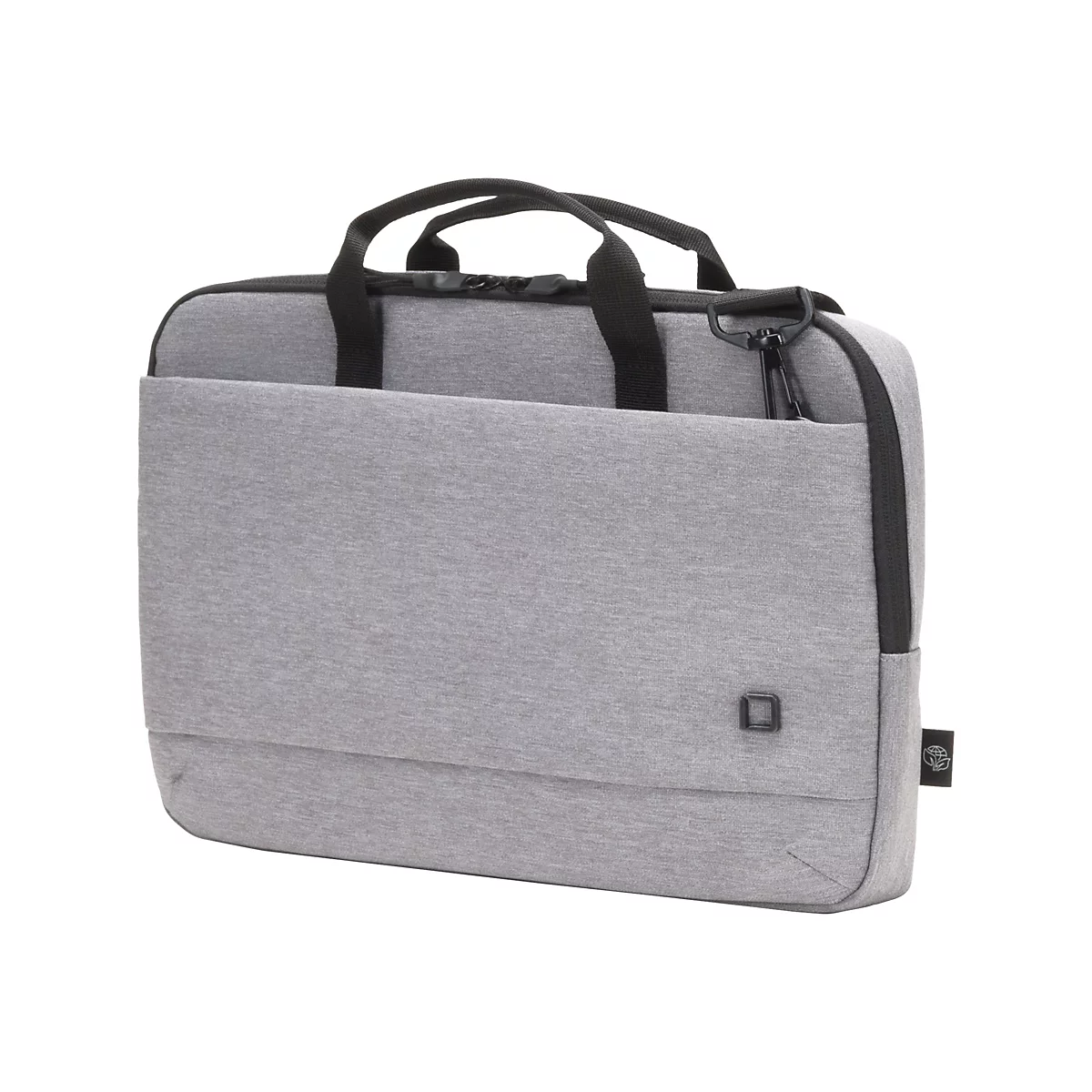 Hellgraue Laptoptasche mit Tragegriffen und abnehmbarem Schultergurt. Auf der Vorderseite eine aufgesetzte Tasche.
