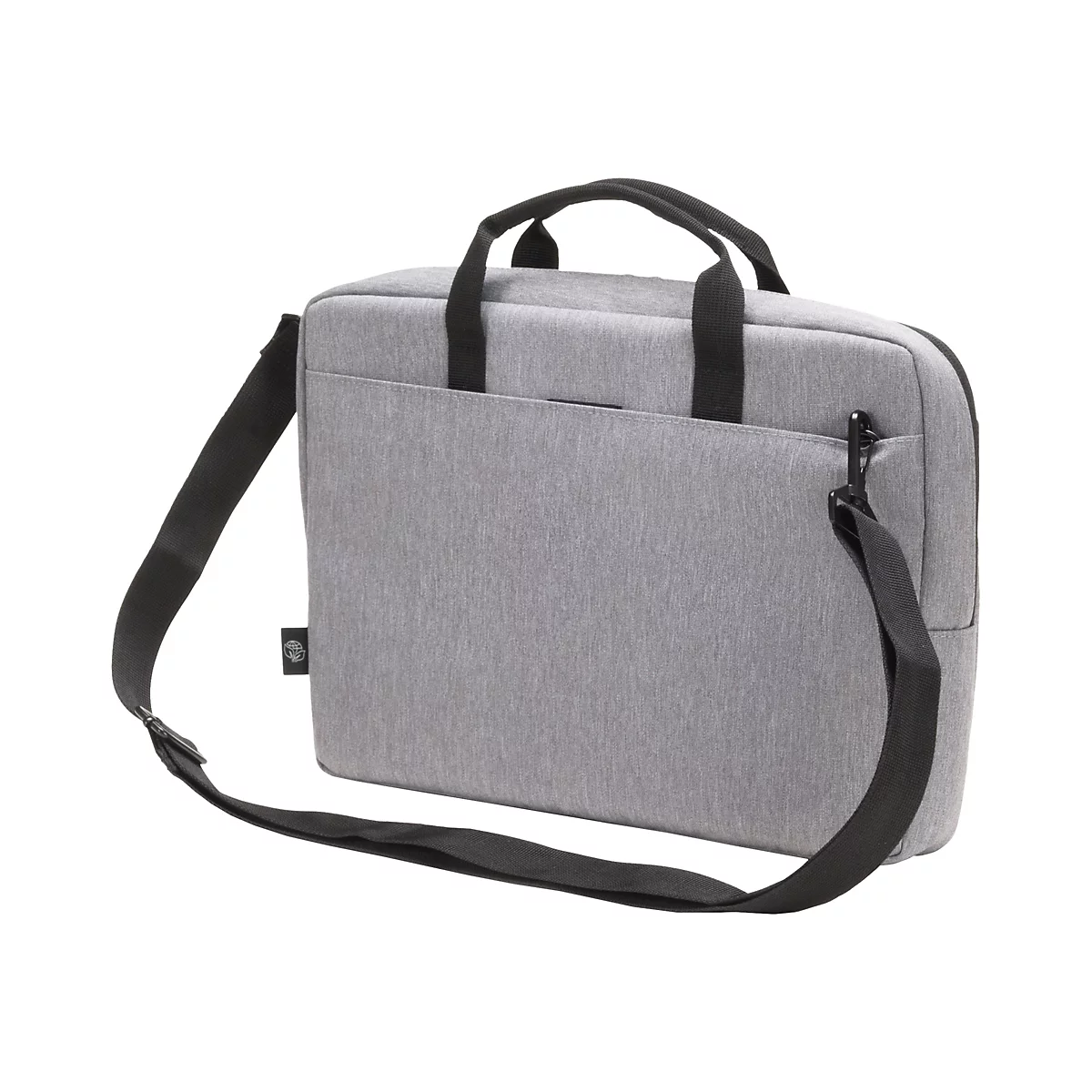 Graue Laptoptasche mit schwarzem Schulterriemen und Griffen. Auf der Tasche befindet sich ein Logo.