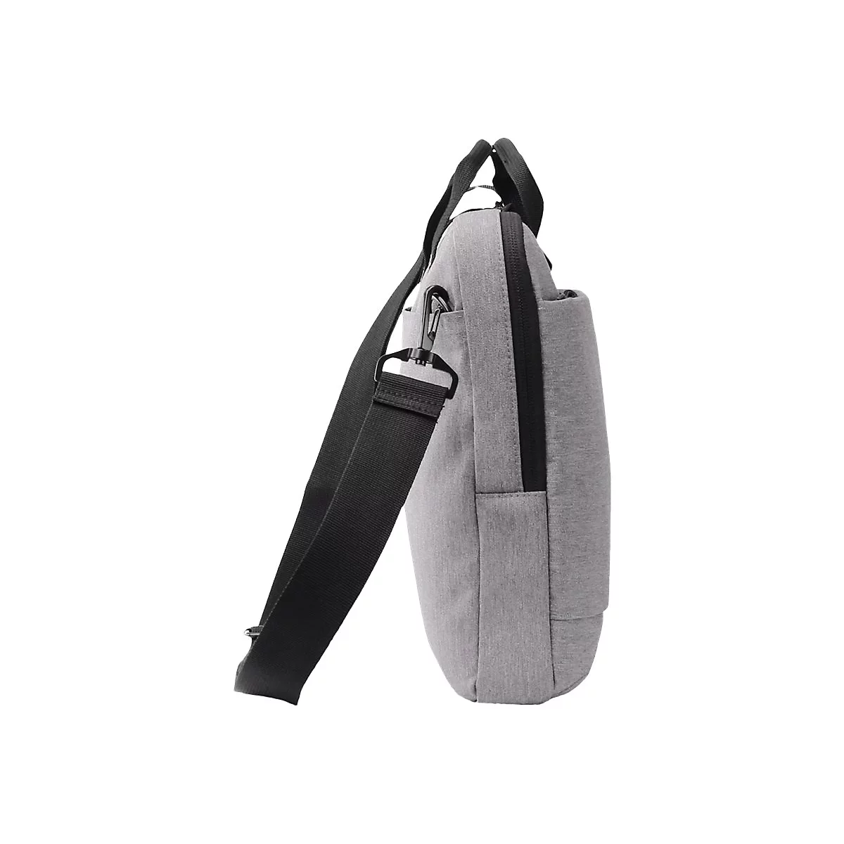 Graue Laptoptasche mit schwarzem Schultergurt, Seitenansicht.