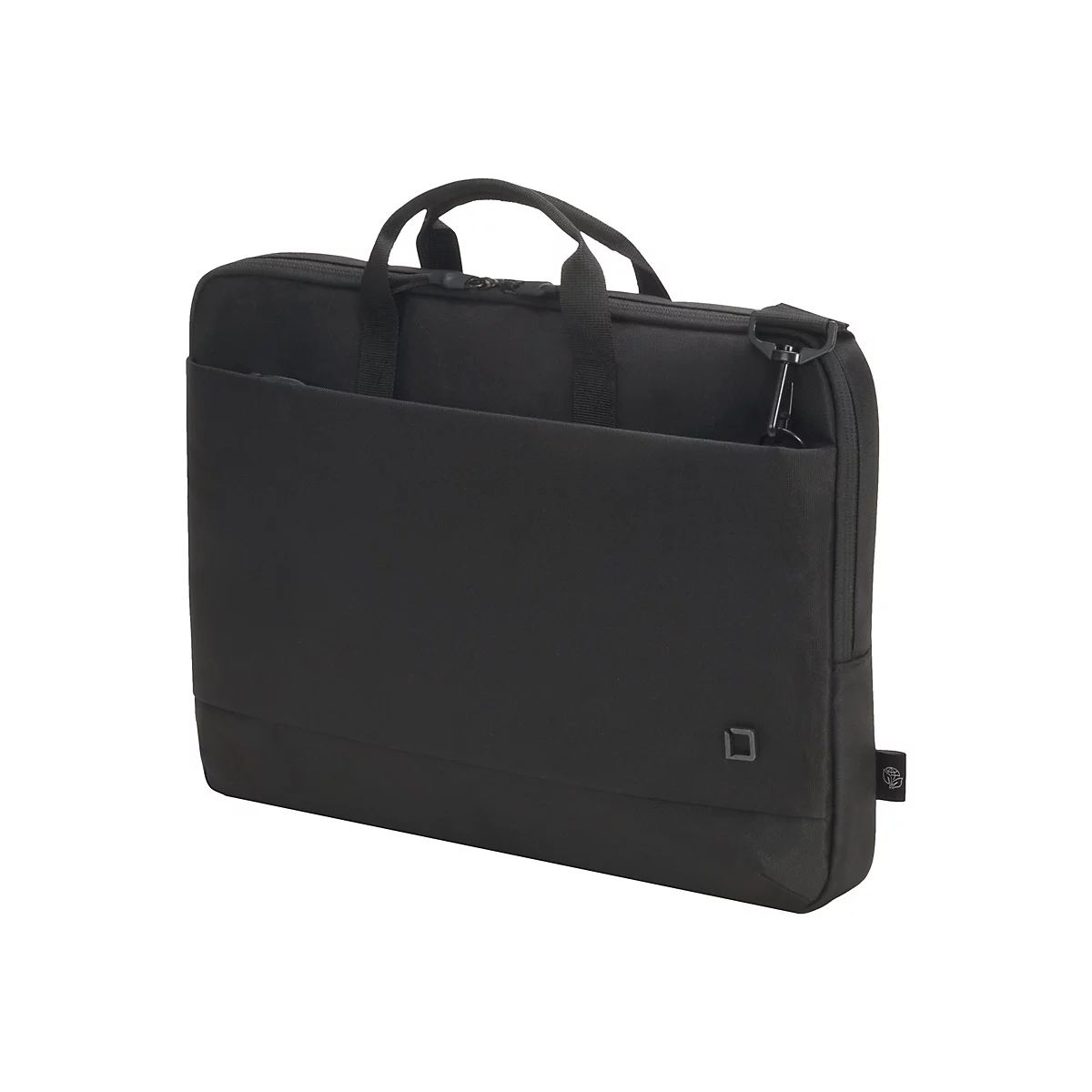 Schwarze Laptoptasche mit Tragegriff. Auf der Vorderseite eine kleinere Tasche und ein Logo.