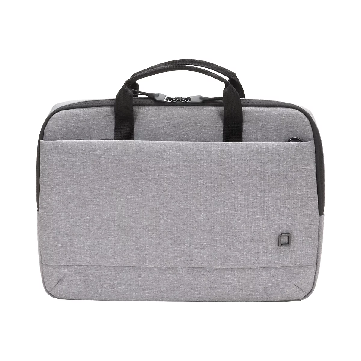 Hellgraue Laptoptasche mit Tragegriffen und Reißverschluss. Auf der Vorderseite befindet sich eine schmale Tasche und ein kleines Logo.