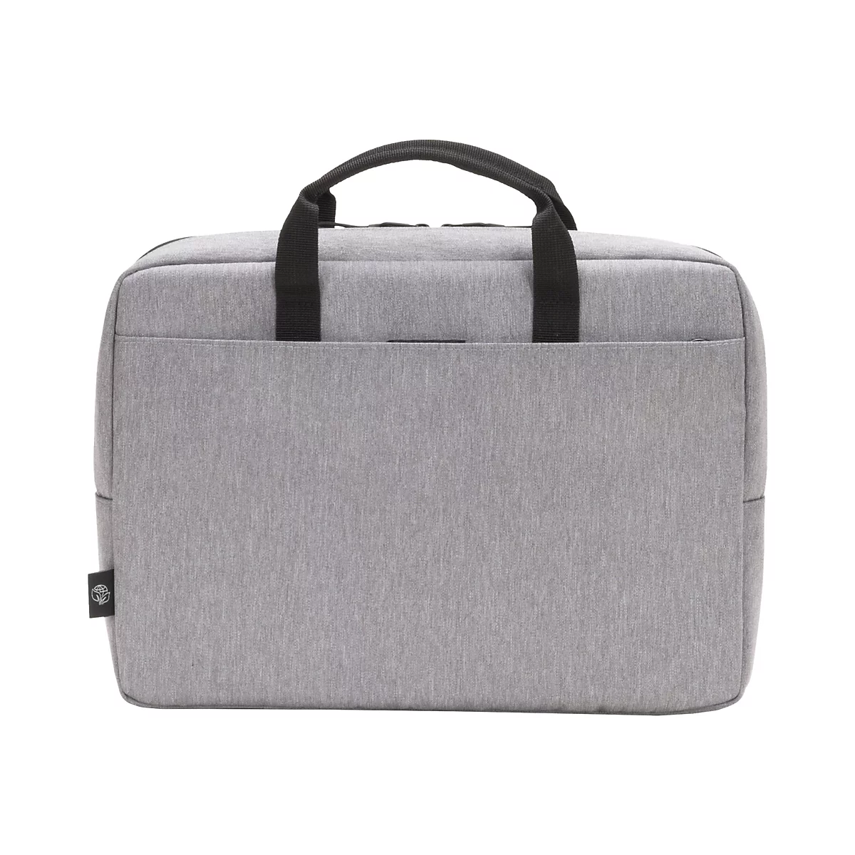 Hellgraue Laptoptasche mit Tragegriff. Auf der Fronttasche befindet sich ein Logo.