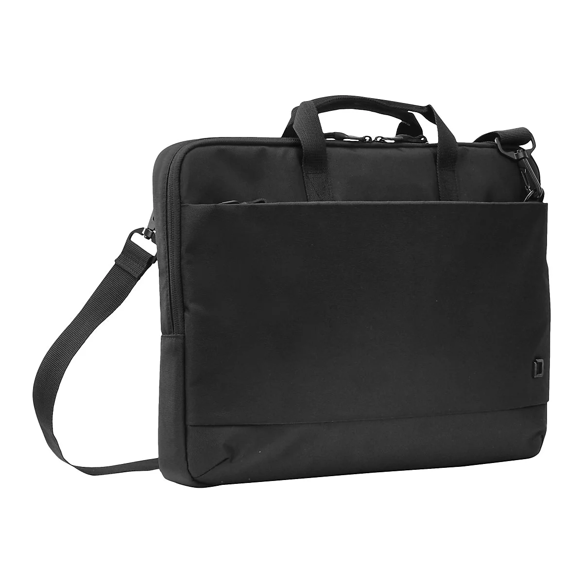 Schwarze Laptoptasche mit Tragegriff und Schultergurt. Aufgesetzte Fronttasche, Reißverschluss.