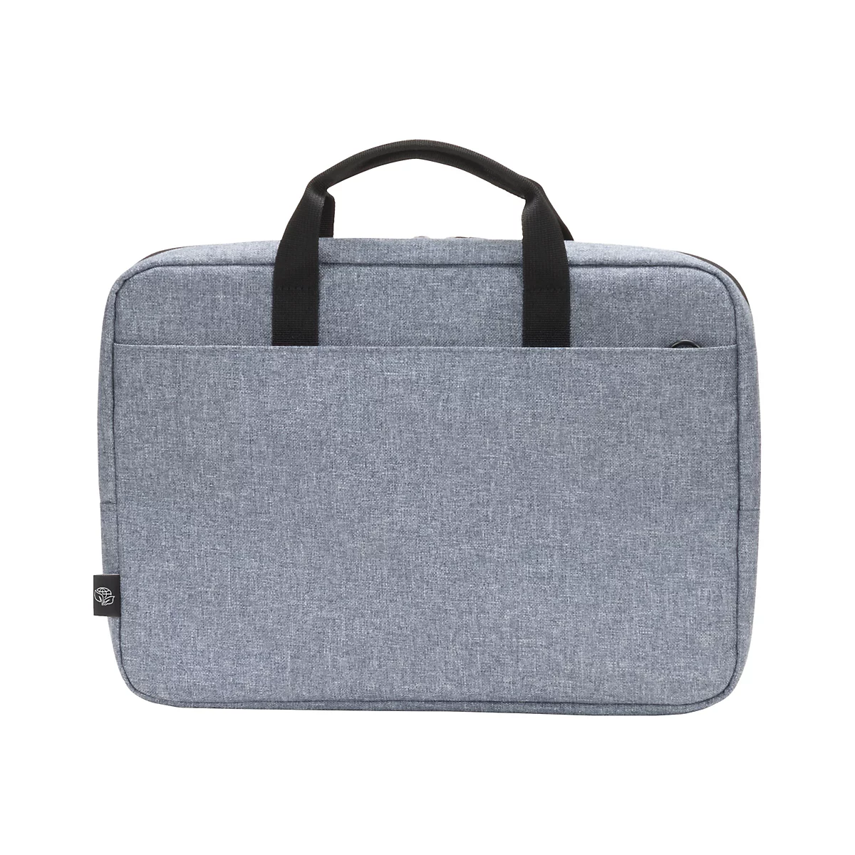Hellgraue Laptoptasche mit Tragegriff. Auf der Vorderseite befindet sich eine flache Tasche.