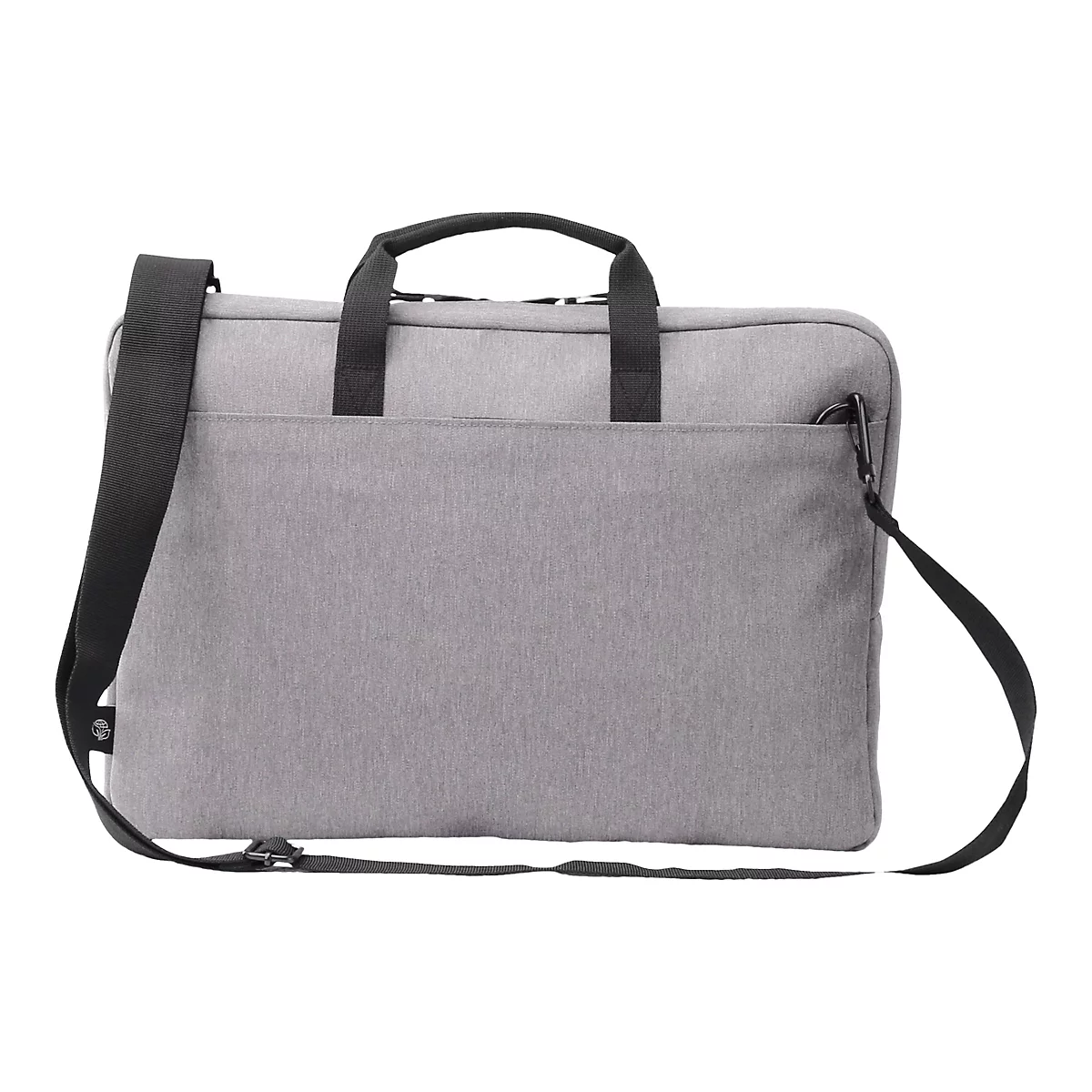 Graue Laptoptasche mit schwarzem Griff und Schultergurt, auf weißem Hintergrund.