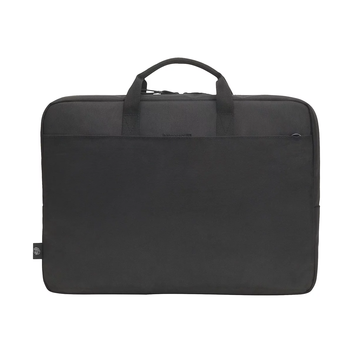 Schwarze Laptoptasche mit Tragegriff. Auf der Vorderseite eine große Tasche. Logo auf der unteren linken Seite.