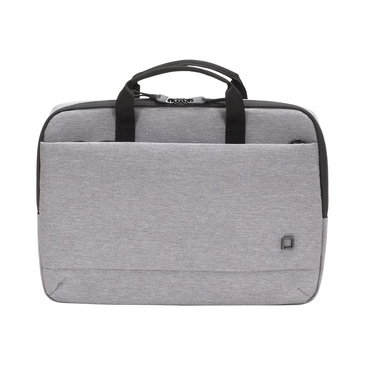 Hellgraue Laptoptasche mit Tragegriffen und Reißverschluss. Auf der Vorderseite befindet sich eine flache Tasche.