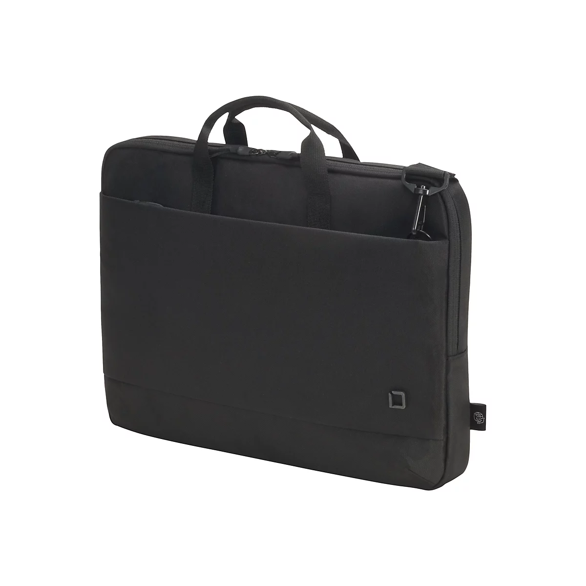Schwarze Laptoptasche mit Tragegriff. Sie hat eine Vordertasche und ein Logo.