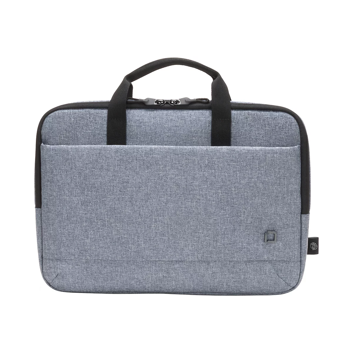 Hellgraue Laptoptasche mit Tragegriffen und Reißverschluss. Auf der Vorderseite befindet sich eine kleine Tasche, und ein Logo ist rechts unten angebracht.