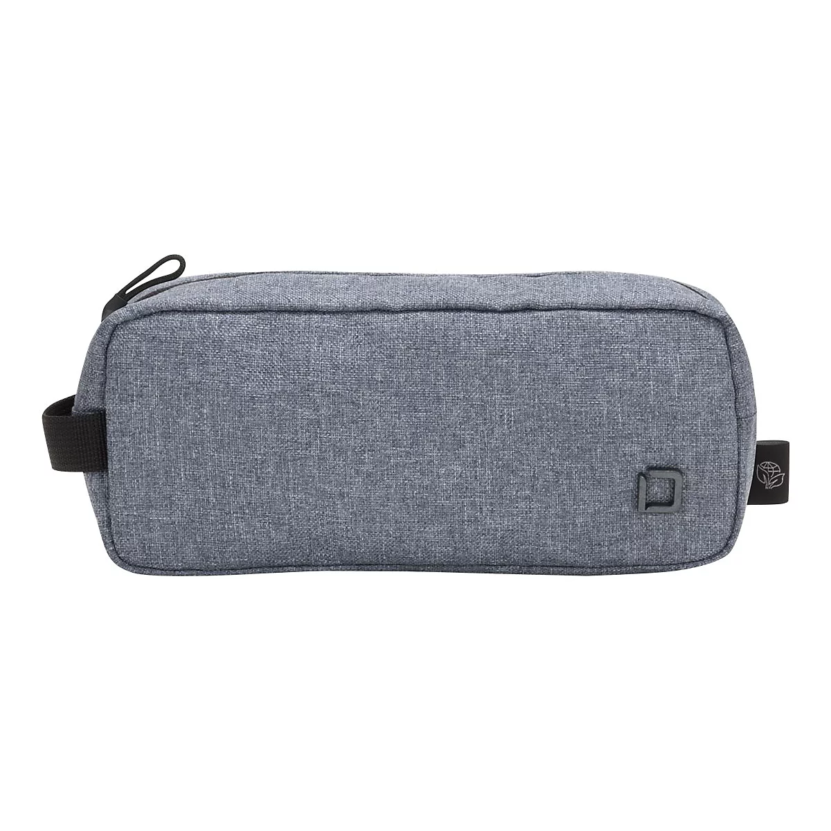 Graue Federtasche mit Trageschlaufe und Firmenlogo auf weißem Hintergrund.