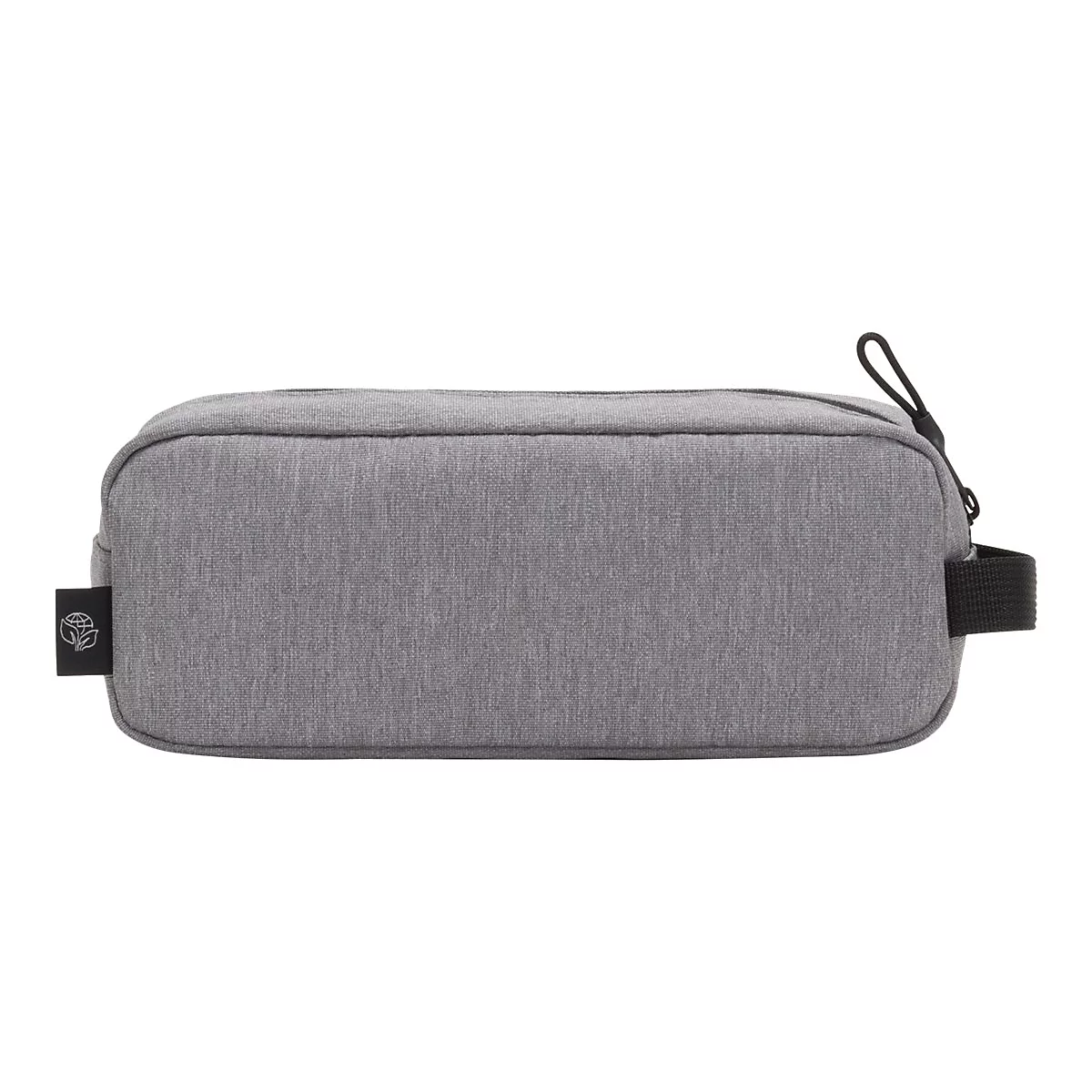 Graue Federtasche aus Stoff, seitlich Logo, Trageschlaufe und schwarzer Reißverschluss.
