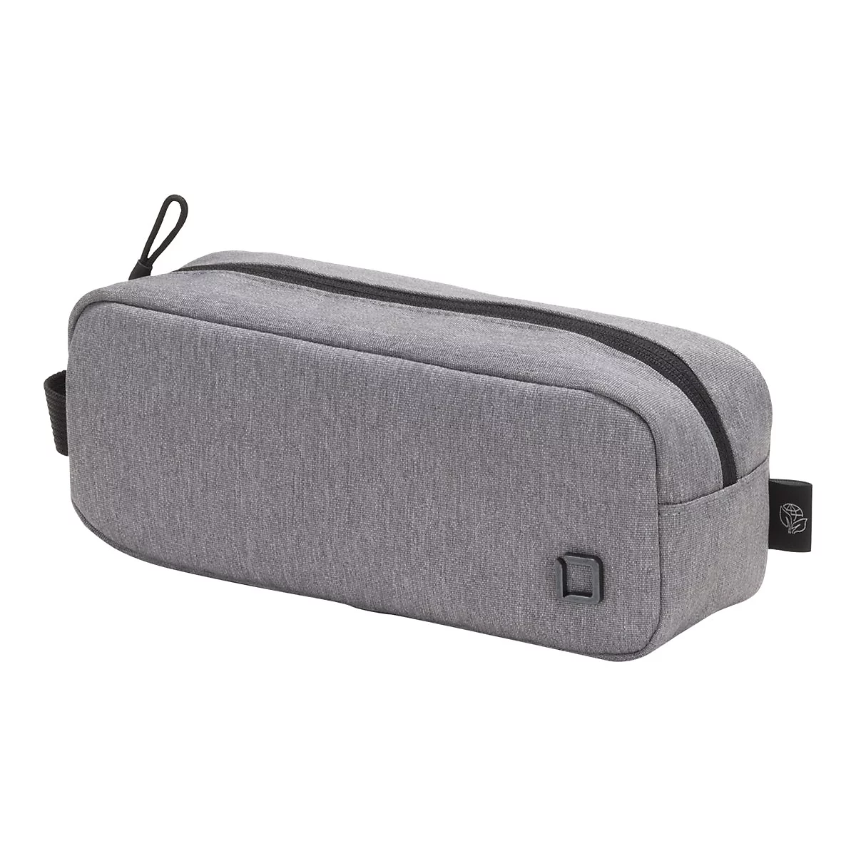 Graue Kosmetiktasche mit Reißverschluss, schwarzem Zipper und Logodetail.