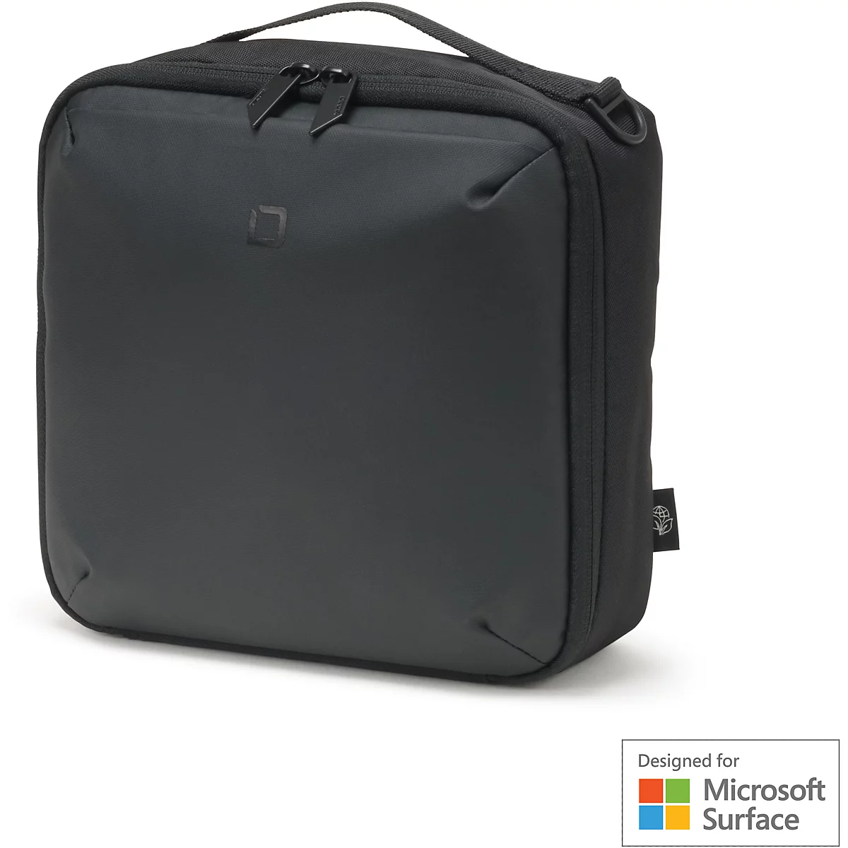 Schwarze, rechteckige Tasche mit Tragegriff und Reißverschluss, Logo, und "Designed for Microsoft Surface" Text.